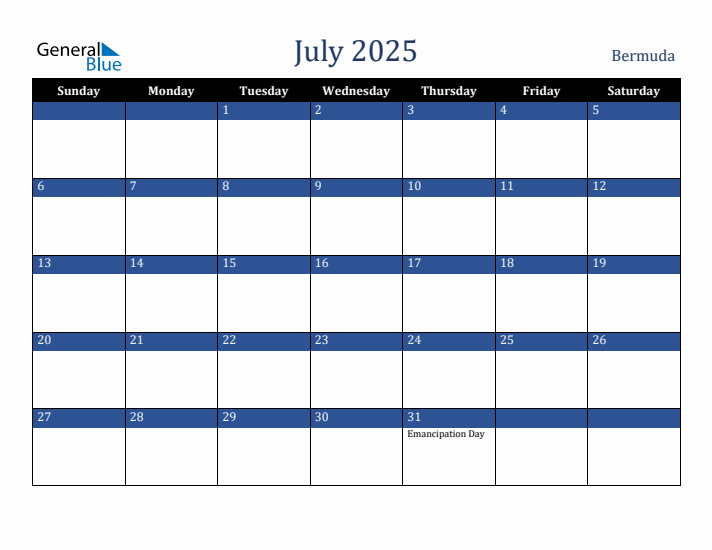 July 2025 Bermuda Calendar (Sunday Start)