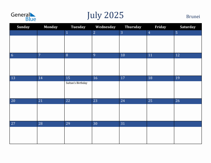 July 2025 Brunei Calendar (Sunday Start)