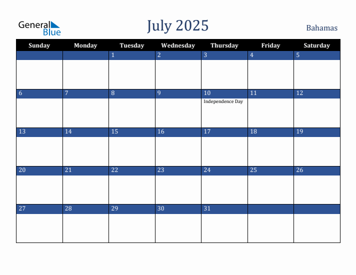 July 2025 Bahamas Calendar (Sunday Start)