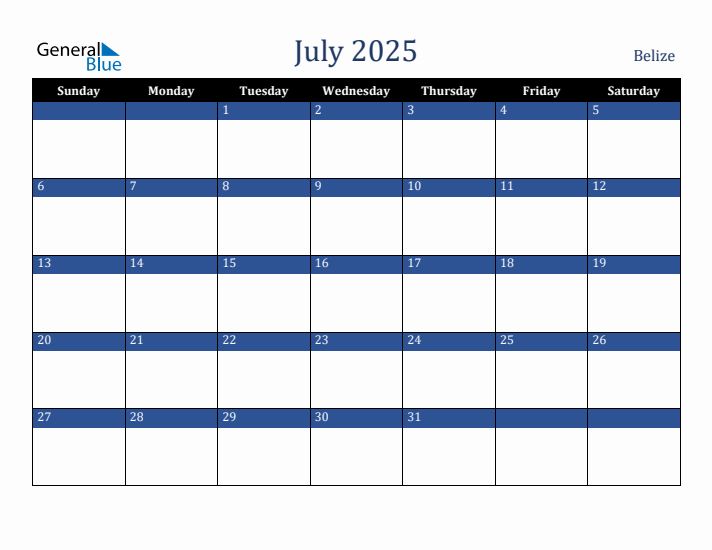 July 2025 Belize Calendar (Sunday Start)