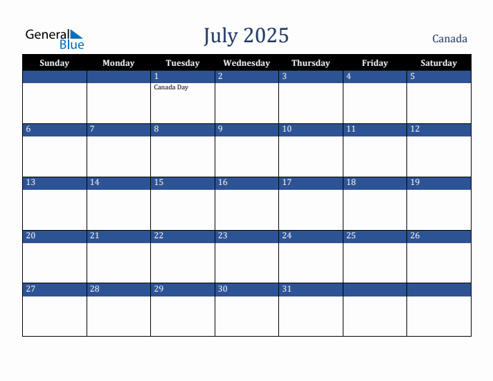 July 2025 Canada Calendar (Sunday Start)