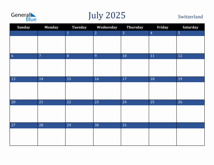 July 2025 Calendar with Switzerland Holidays