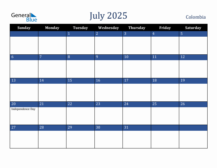 July 2025 Colombia Calendar (Sunday Start)