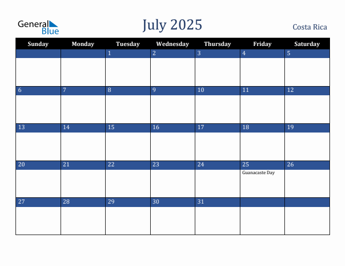 July 2025 Costa Rica Calendar (Sunday Start)
