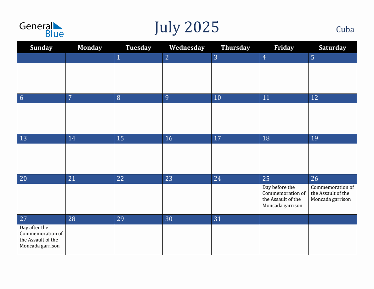 July 2025 Cuba Holiday Calendar