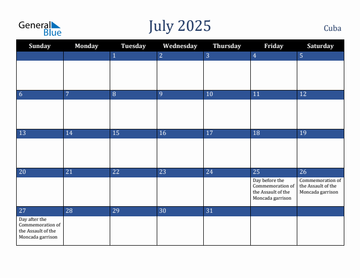 July 2025 Cuba Calendar (Sunday Start)