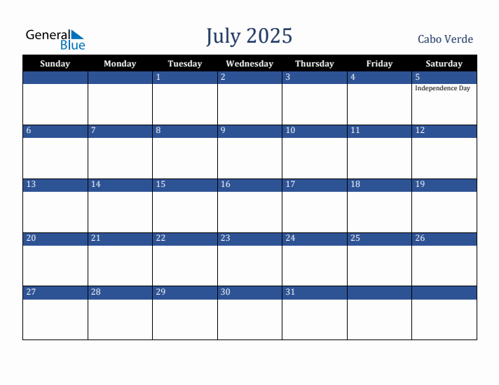 July 2025 Cabo Verde Calendar (Sunday Start)