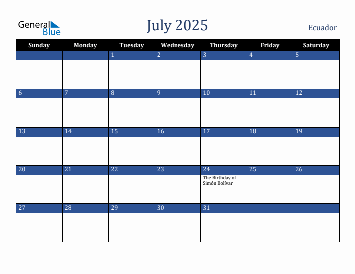 July 2025 Ecuador Calendar (Sunday Start)