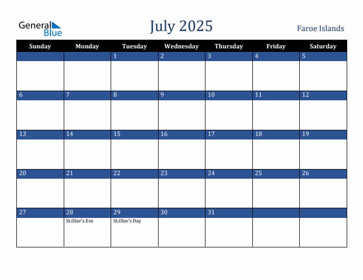 July 2025 Faroe Islands Calendar (Sunday Start)
