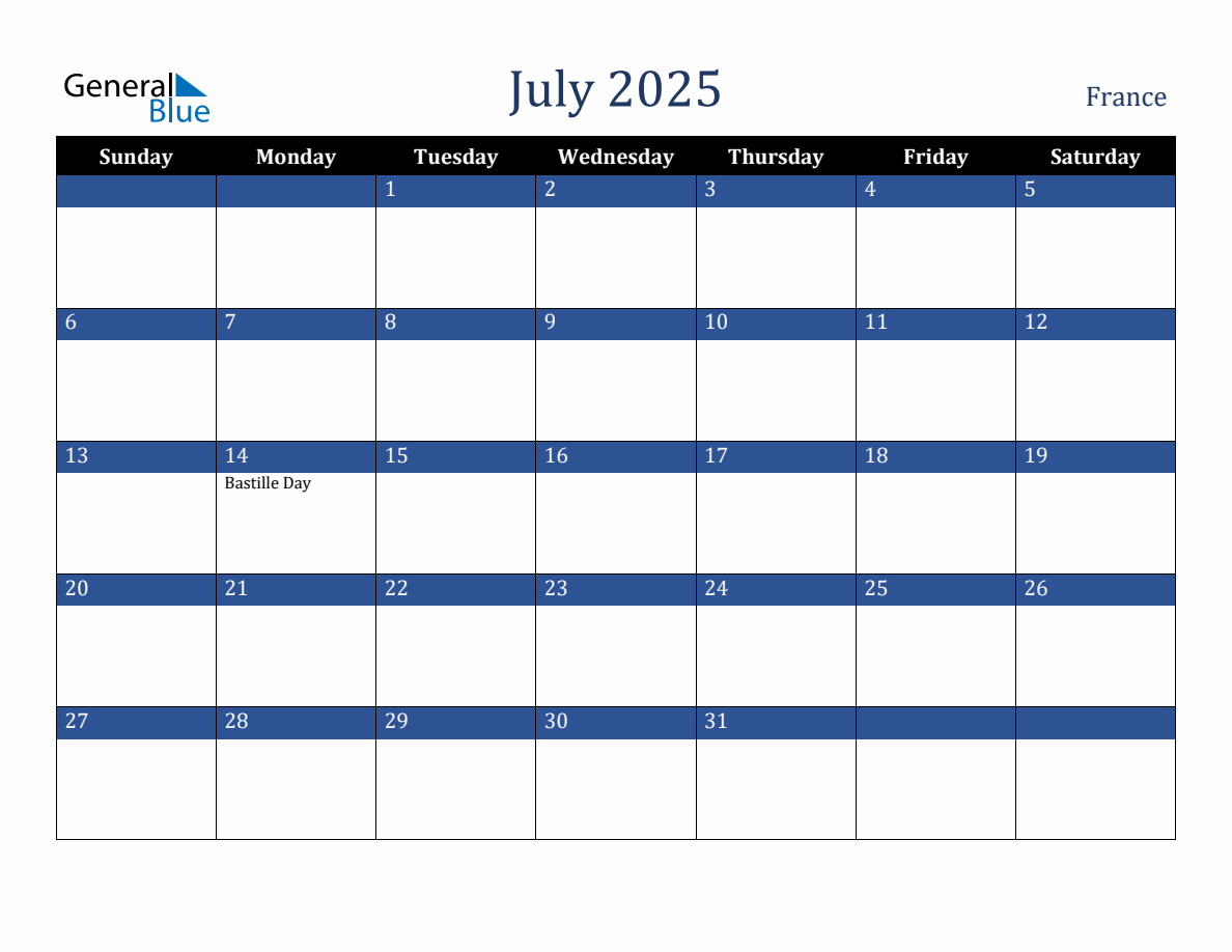 July 2025 France Holiday Calendar