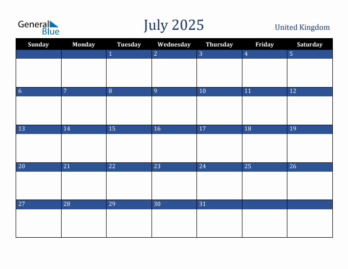 July 2025 United Kingdom Calendar (Sunday Start)