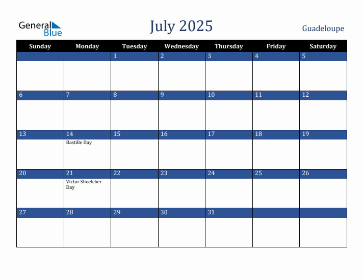 July 2025 Guadeloupe Calendar (Sunday Start)
