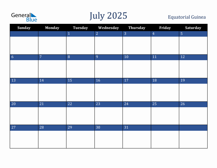 July 2025 Equatorial Guinea Calendar (Sunday Start)