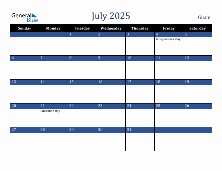 July 2025 Guam Calendar (Sunday Start)