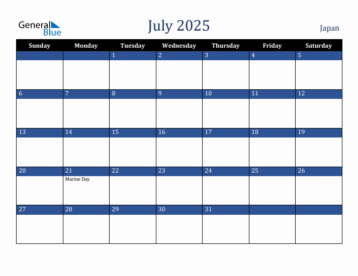 July 2025 Japan Calendar (Sunday Start)