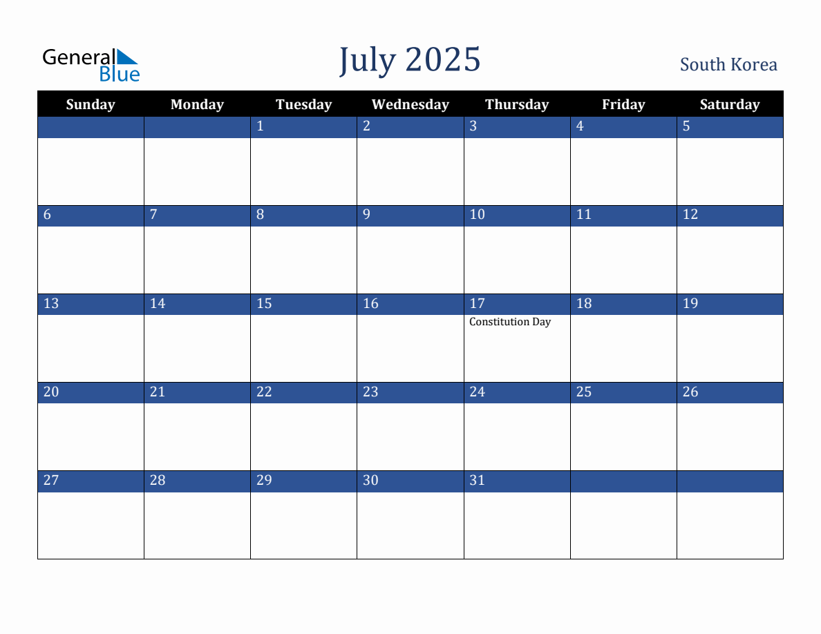 July 2025 South Korea Holiday Calendar