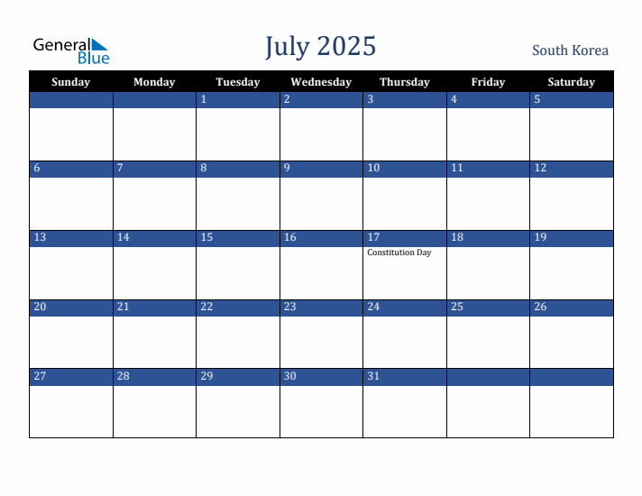 July 2025 South Korea Calendar (Sunday Start)