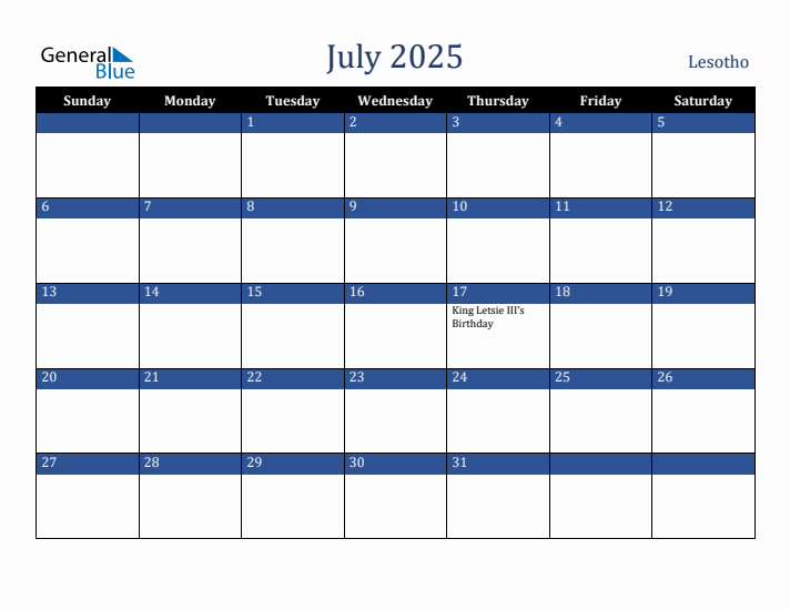 July 2025 Lesotho Calendar (Sunday Start)
