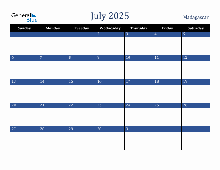 July 2025 Madagascar Calendar (Sunday Start)