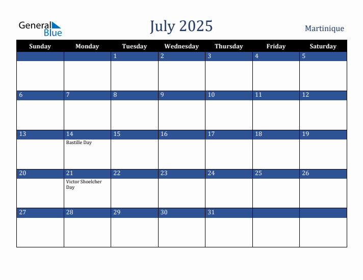 July 2025 Martinique Calendar (Sunday Start)