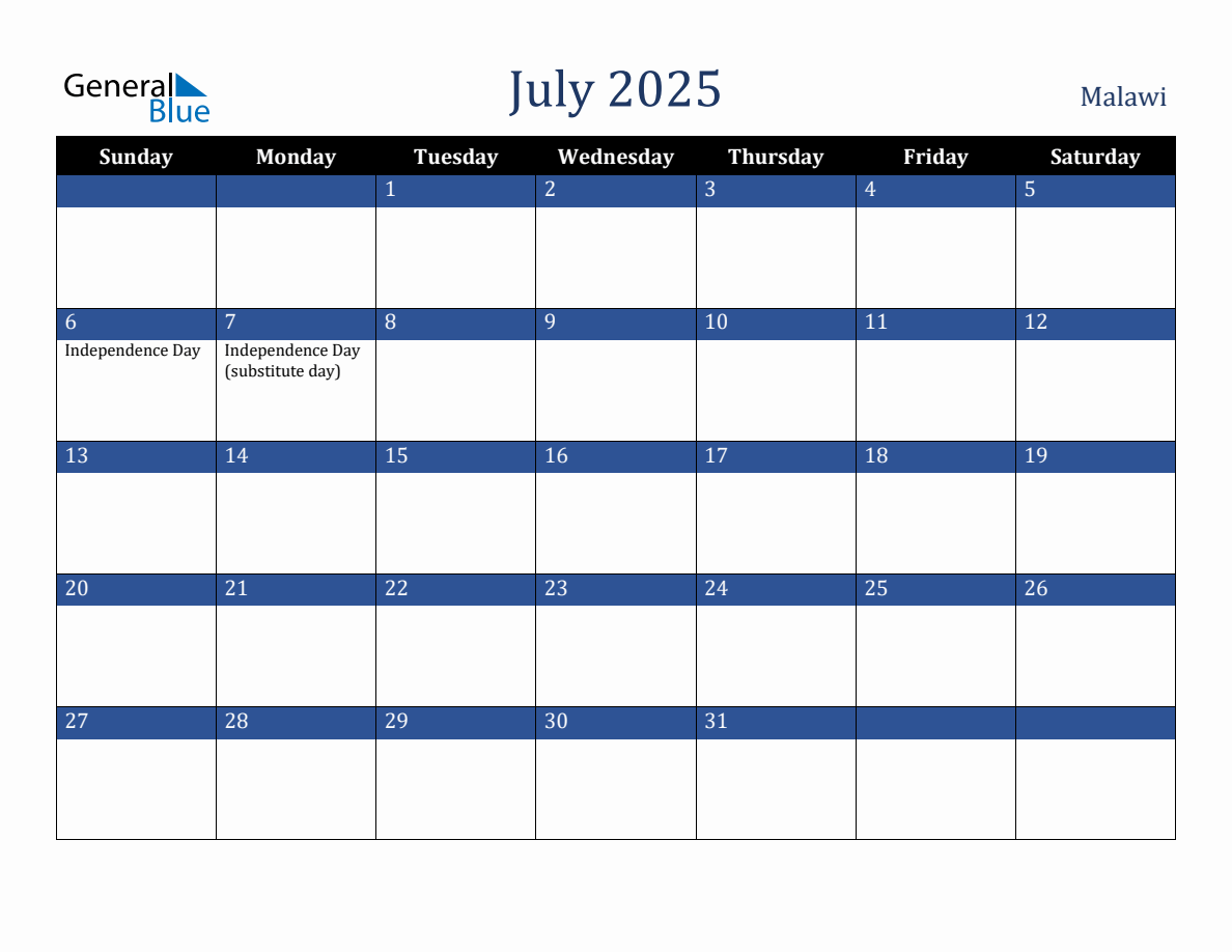 July 2025 Malawi Holiday Calendar
