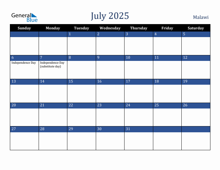July 2025 Malawi Calendar (Sunday Start)