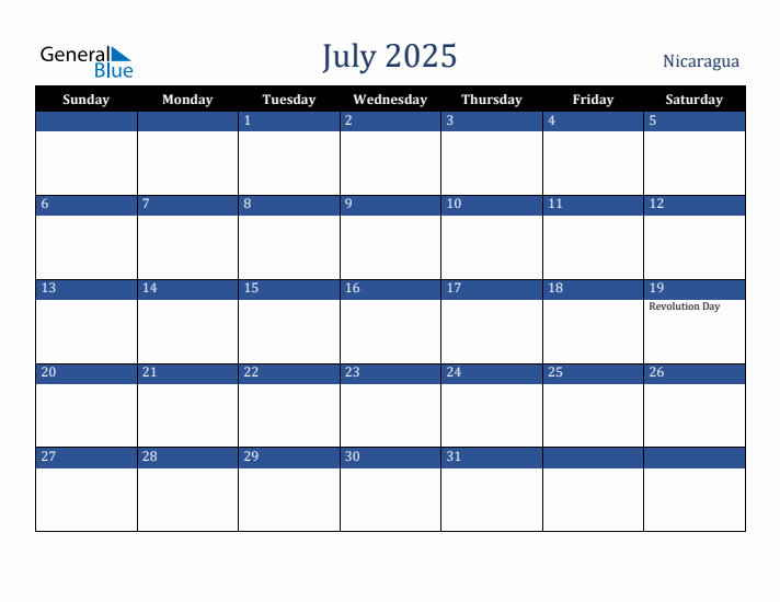 July 2025 Nicaragua Calendar (Sunday Start)