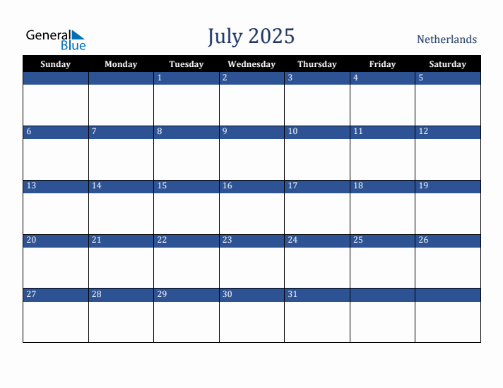 July 2025 The Netherlands Calendar (Sunday Start)