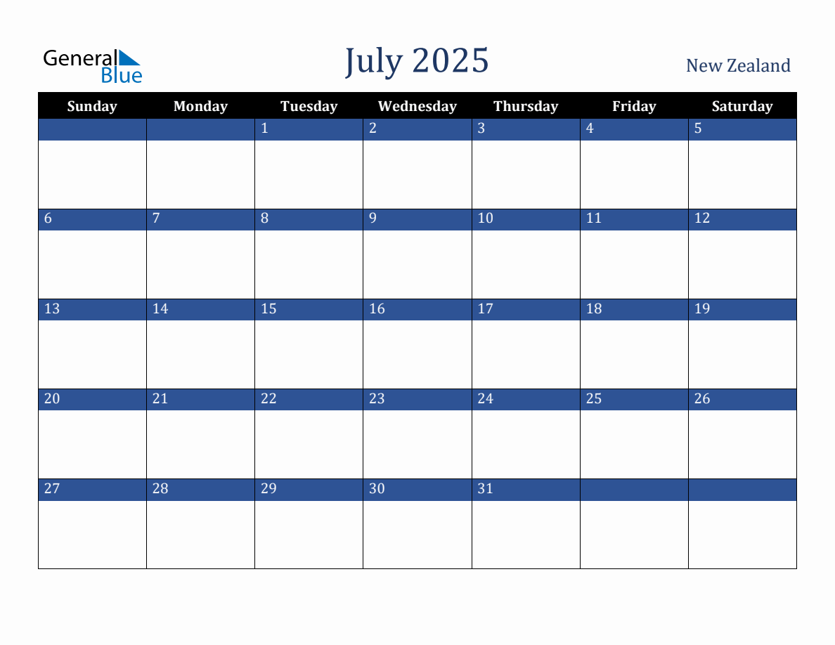 July 2025 New Zealand Holiday Calendar