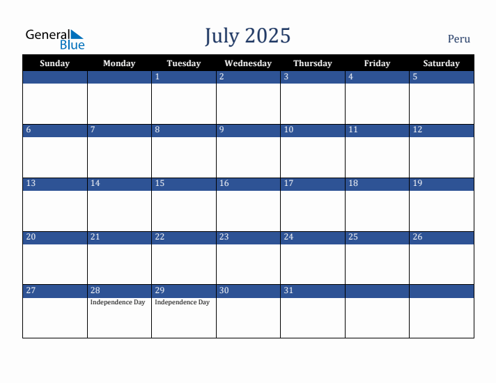 July 2025 Peru Calendar (Sunday Start)