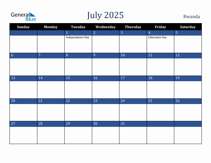 July 2025 Rwanda Calendar (Sunday Start)