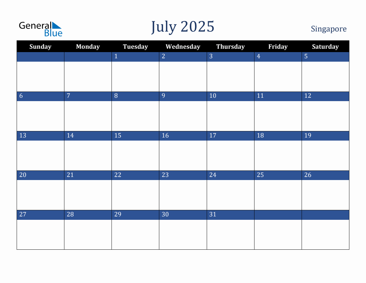 July 2025 Singapore Holiday Calendar