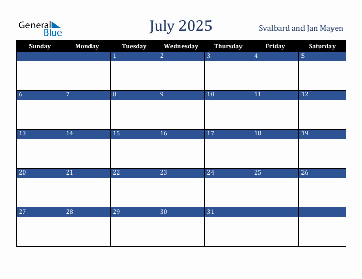 July 2025 Svalbard and Jan Mayen Calendar (Sunday Start)