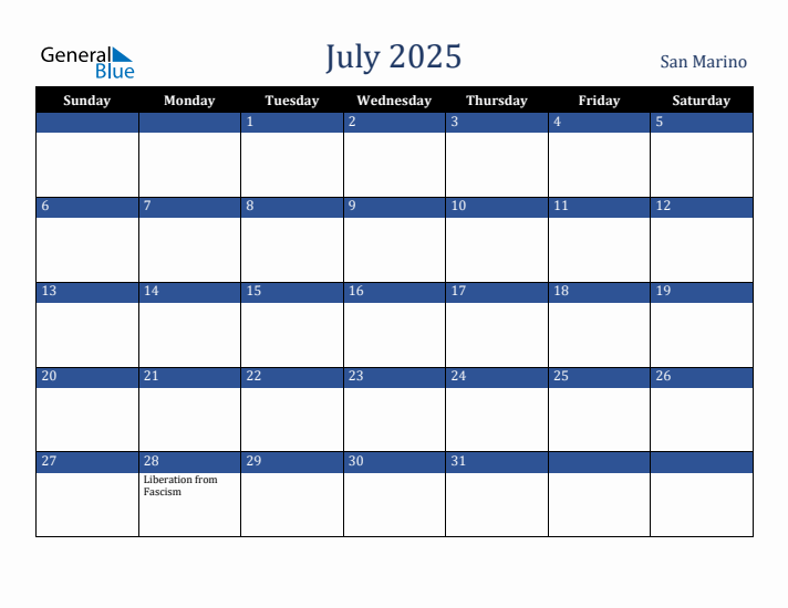 July 2025 San Marino Calendar (Sunday Start)
