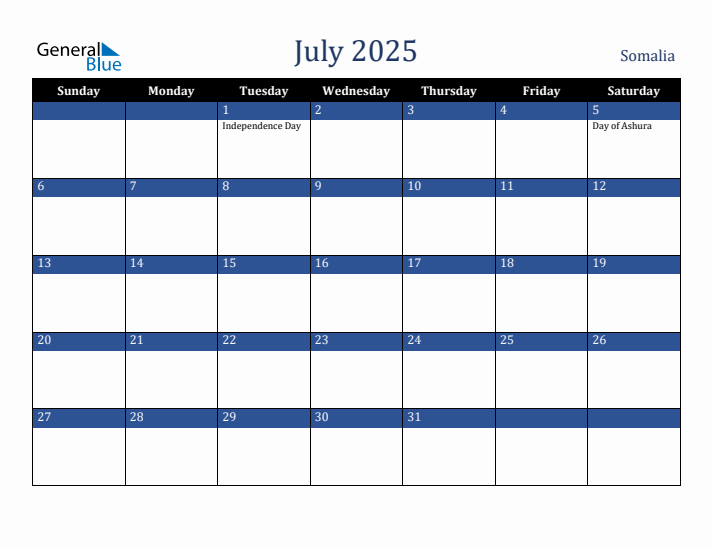 July 2025 Somalia Calendar (Sunday Start)