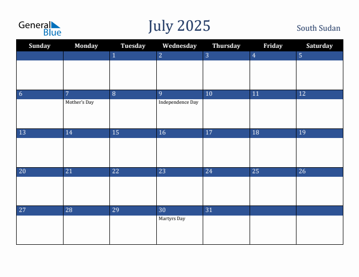 July 2025 South Sudan Calendar (Sunday Start)