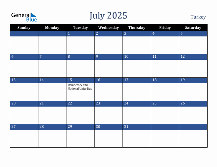 July 2025 Turkey Calendar (Sunday Start)