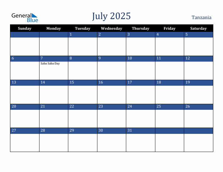 July 2025 Tanzania Calendar (Sunday Start)