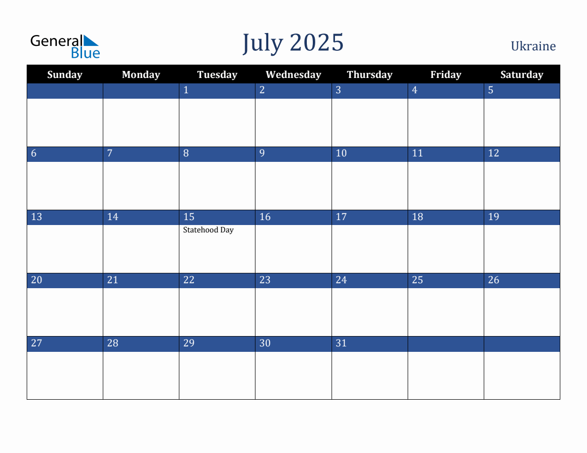 July 2025 Ukraine Holiday Calendar