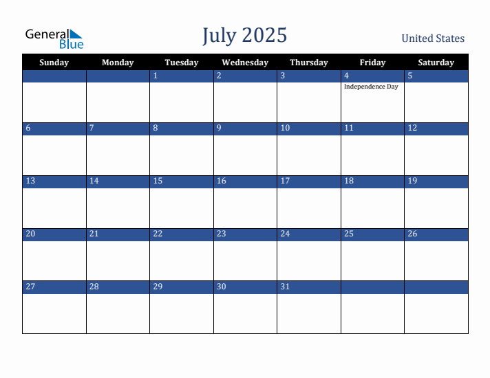 July 2025 United States Calendar (Sunday Start)