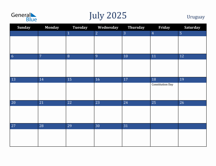 July 2025 Uruguay Calendar (Sunday Start)