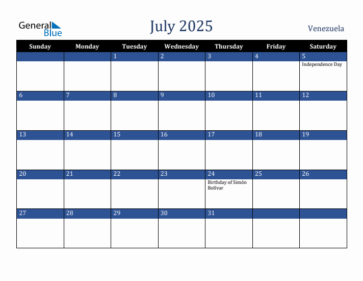 July 2025 Venezuela Calendar (Sunday Start)