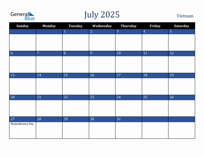 July 2025 Vietnam Calendar (Sunday Start)