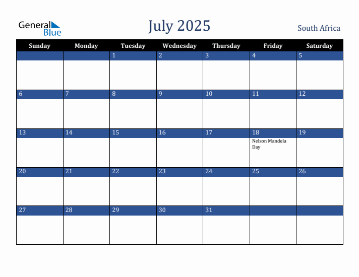 July 2025 South Africa Calendar (Sunday Start)