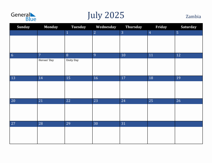 July 2025 Zambia Calendar (Sunday Start)