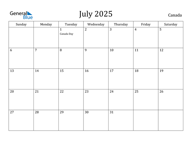 July 2025 Calendar with Canada Holidays