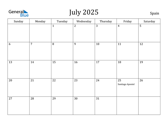 Spain July 2025 Calendar with Holidays