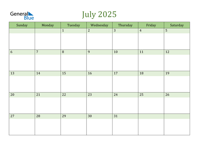 July 2025 Calendar (PDF Word Excel)