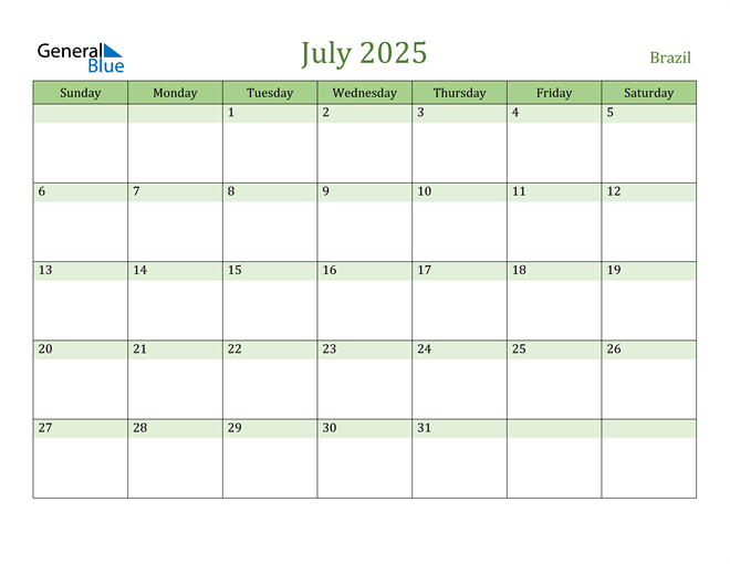 Brazil July 2025 Calendar with Holidays