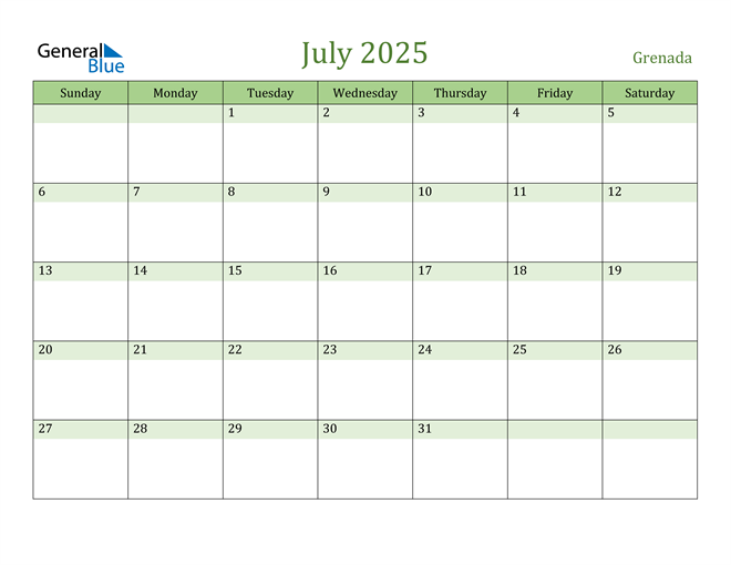 July 2025 Calendar with Grenada Holidays